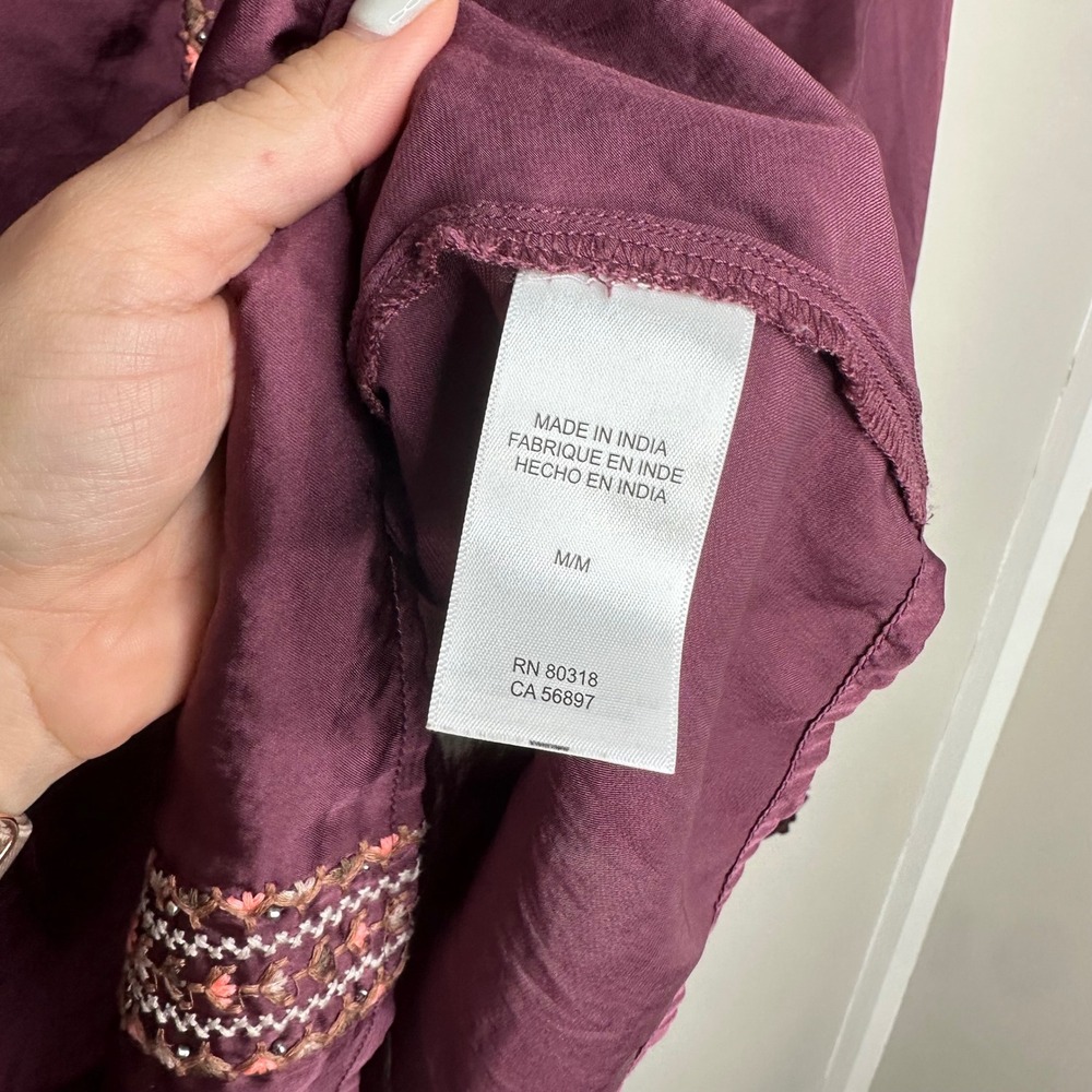 Lucky Brand Embroidered Peasant Top Plum Purple Blouse Long Sleeve Boho Women M - Picture 7 of 9